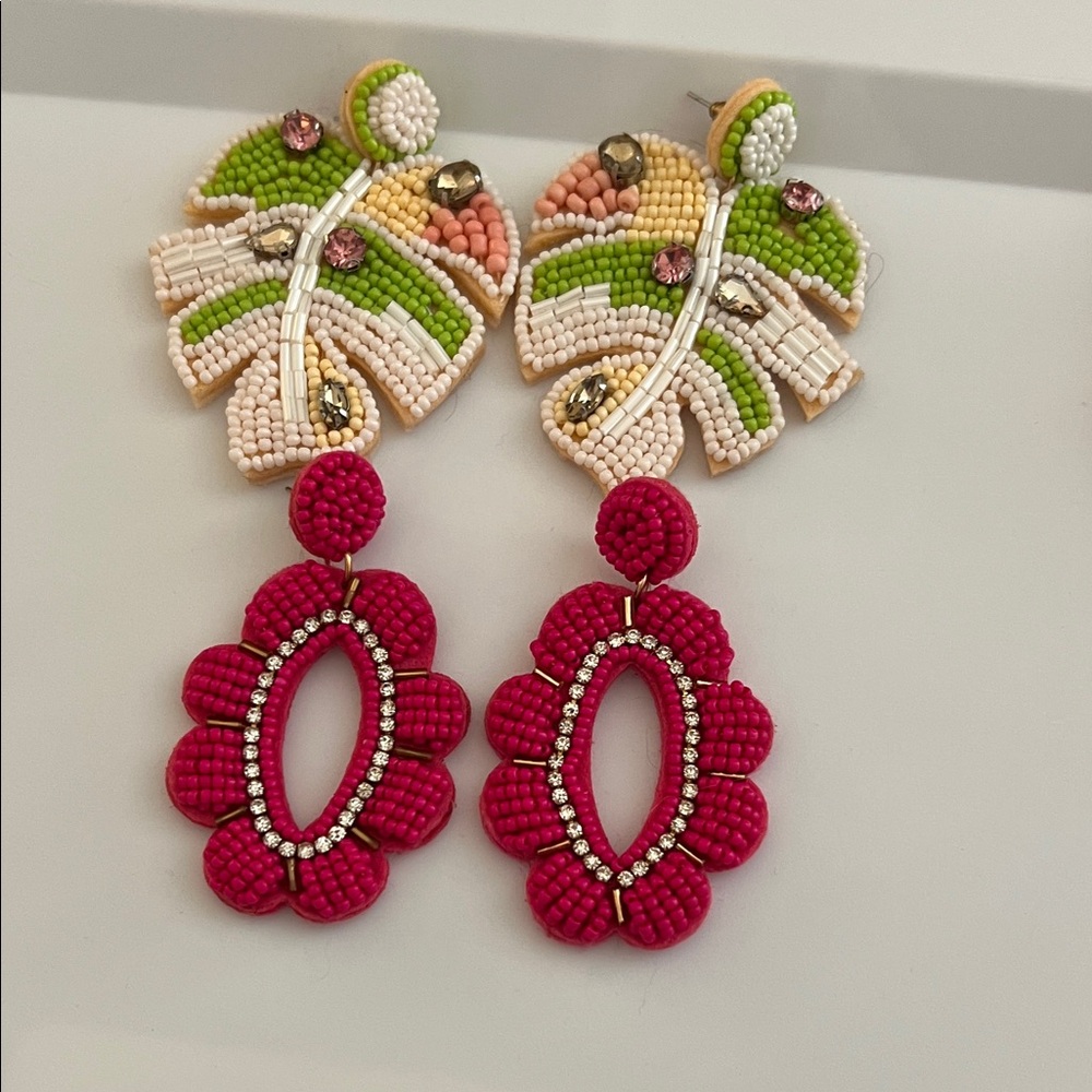 Vibrant Beaded Leaf and Oval Earrings